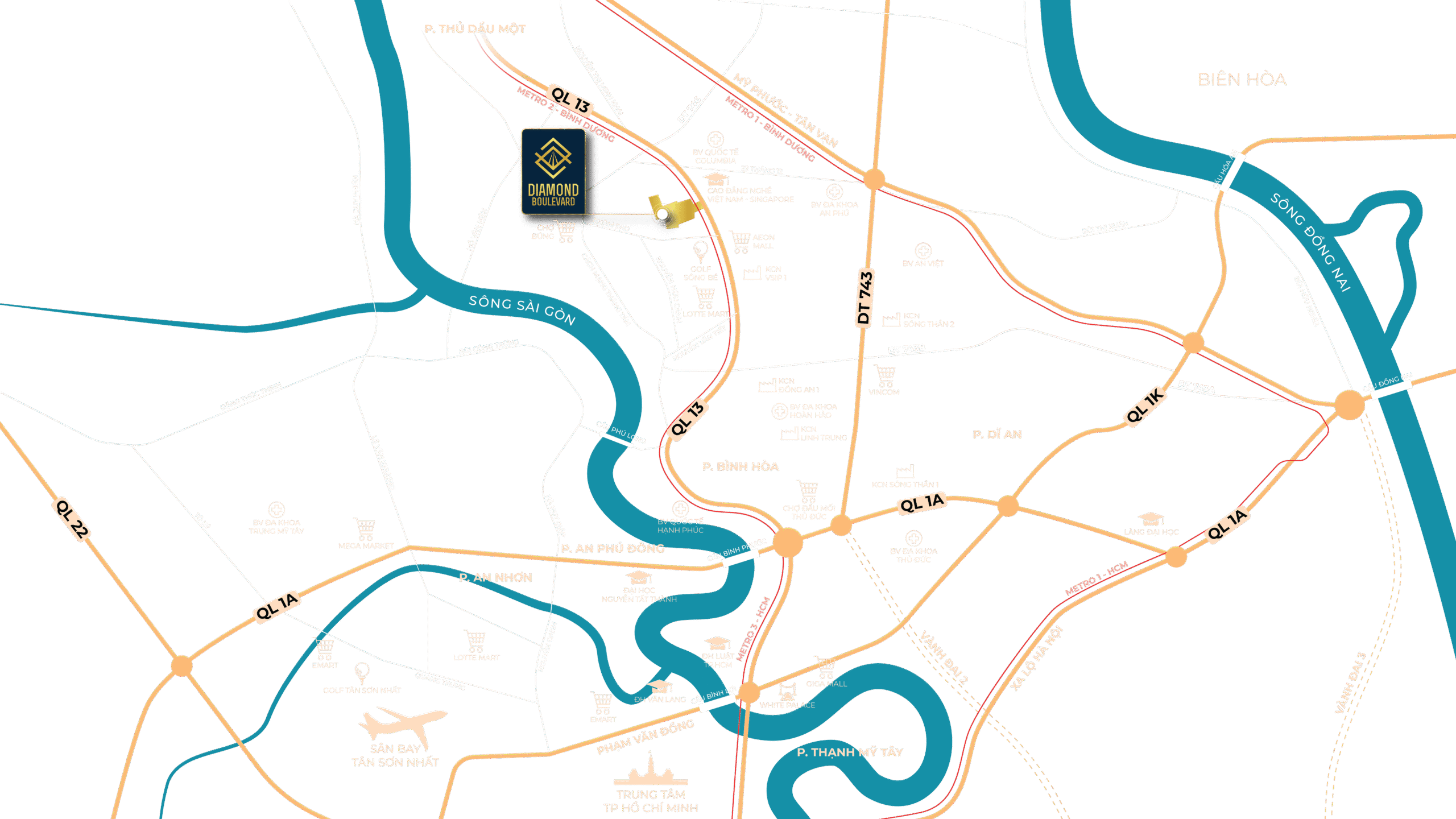 Bản đồ vị trí dự án căn hộ Diamond Boulevard trên Quốc lộ 13